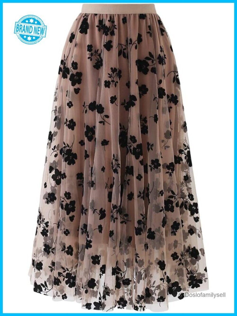 3D Posy Double-Layered Mesh Midi Skirt - Romantic Floral High Rise A-Line